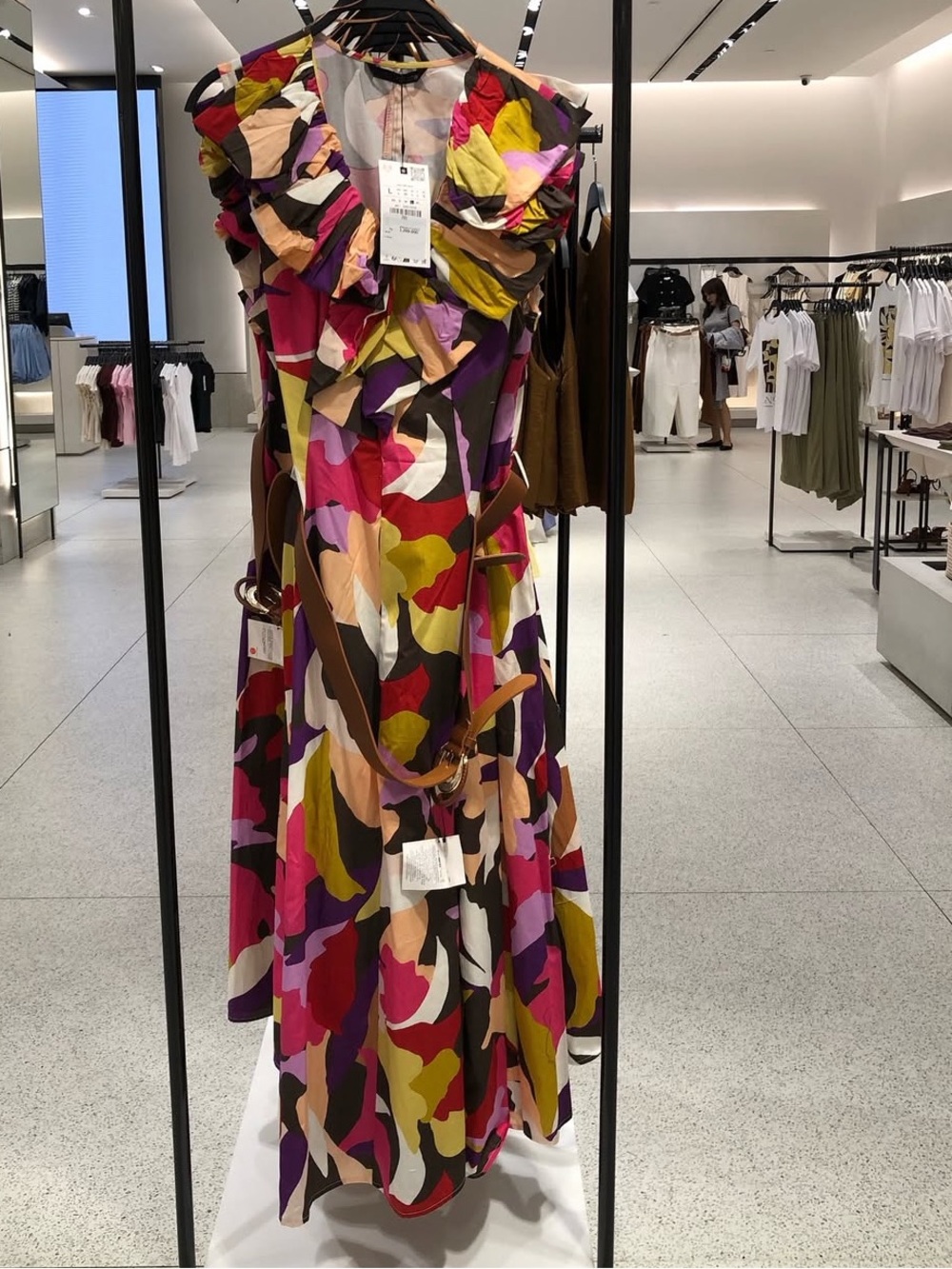 Zara Multicolor Ruffled V-Neck Midi Dress with Belt - Picture 4 of 7